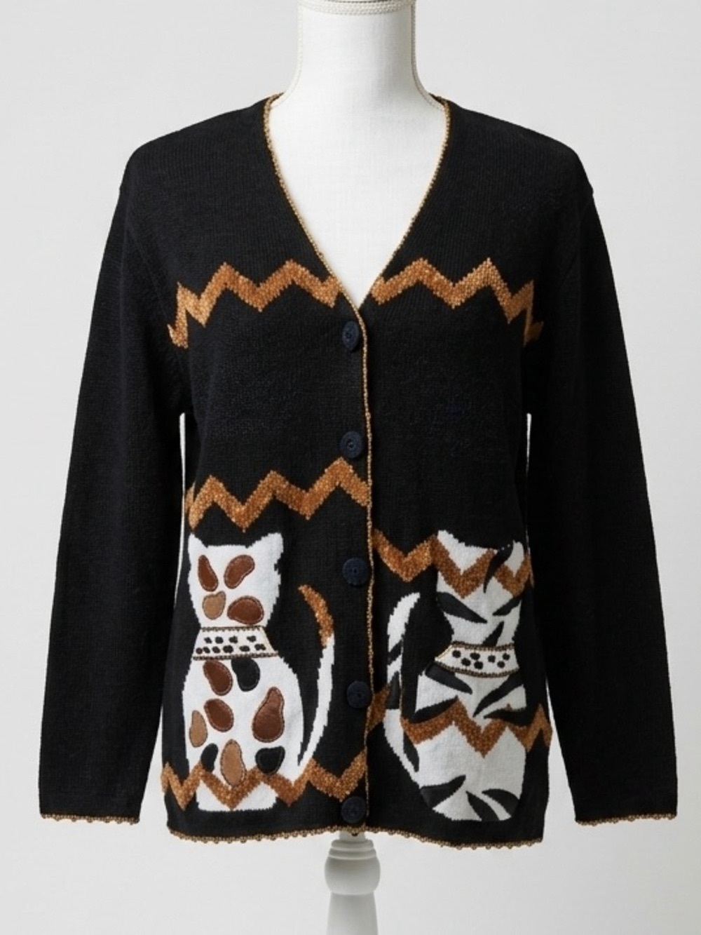 Vintage Victoria Harbour Cat Cardigan Sweater Beaded Appliqué Knit Size Medium